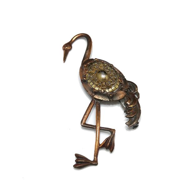 Vintage Tall Bird Brooch, Mixed Metals, 1930s 1940s - Picture 3 of 10
